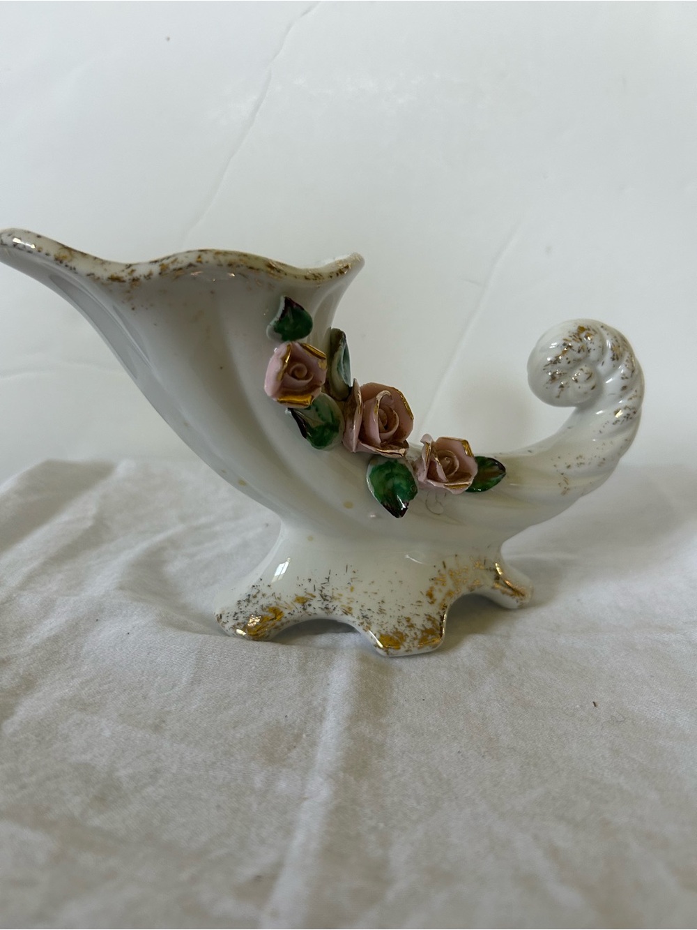 Porcelain White Cornucopia Vase with Pink Rose Accents - Picture 3 of 11
